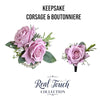 Elegant Real Touch Rose Wrist Corsage &amp; Boutonniere - Soft Mauve Lavender with Frosty Greenery