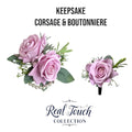 Elegant Real Touch Rose Wrist Corsage &amp; Boutonniere - Soft Mauve Lavender with Frosty Greenery