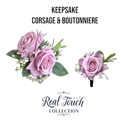 Elegant Real Touch Rose Wrist Corsage &amp; Boutonniere - Soft Mauve Lavender with Frosty Greenery