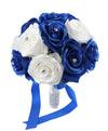9" MOH Bouquet - Royal Blue and White Quality Silk Roses with Rhinestone - Angel Isabella