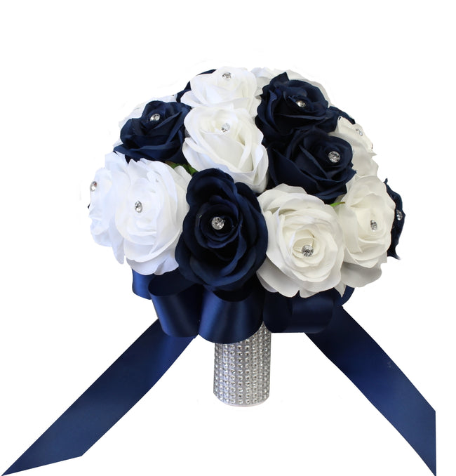 White Navy Rhinestone Bling-Bouquet corsage boutonniere wedding prom - Angel Isabella