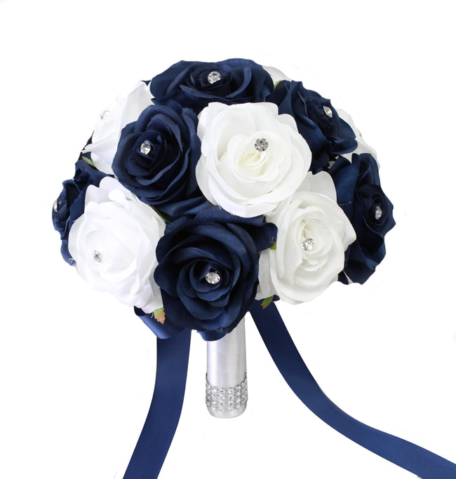 Angel Isabella 10 Bridal Bouquet - Royal Blue White with Ribbon and  Rhinestone - Silk Flower
