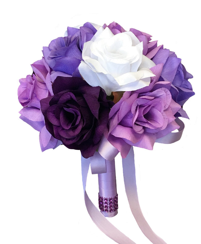8" Bridesmaid Bouquet - Shades of Lavender, Purple, and White Roses - Angel Isabella