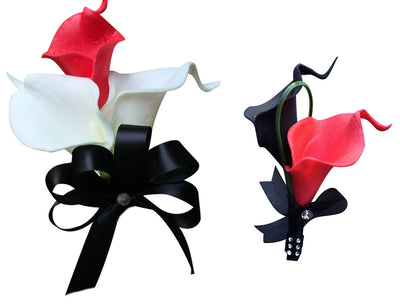 Set: Red and Black Real Touch Calla Lily Wrist Corsage & Boutonniere - Angel Isabella