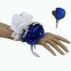 Set: Two Rose Royal Blue (Horizon Blue), White, Silver Wrist Corsage & Boutonniere - Angel Isabella