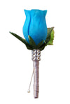 Boutonniere - Turquoise Blue Rosebud and Silver Grey Ribbon - Angel Isabella