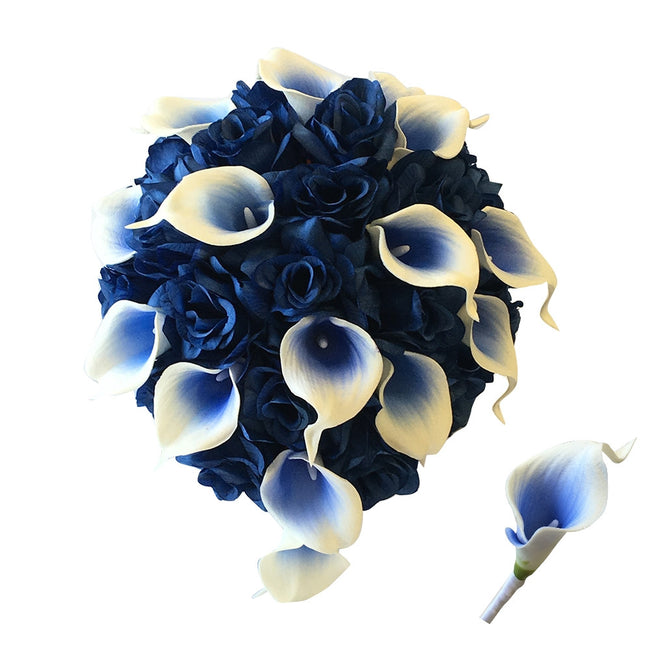 Elegant Cascade Bouquet - Royal blue artificial roses and real touch calla lily - Angel Isabella
