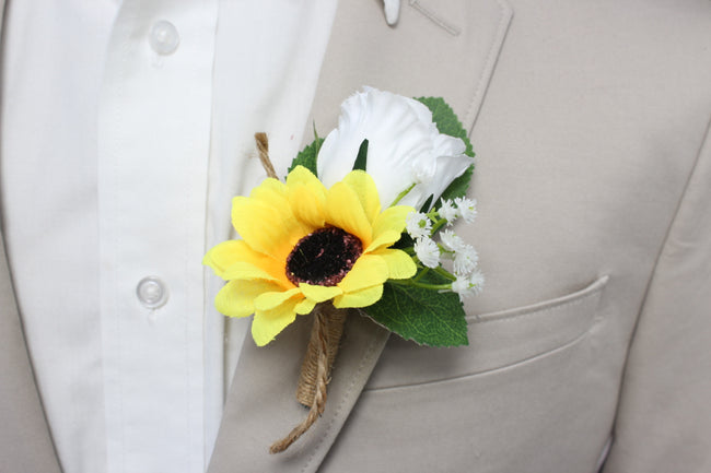 Wedding package-Beautiful Fall sunflower baby breath rose artificial keepsake flowers bouquet bonniere - Angel Isabella
