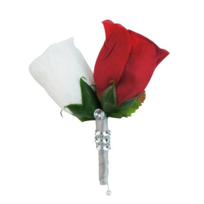 Boutonniere - Red and White Rosebud Boutonniere - Angel Isabella