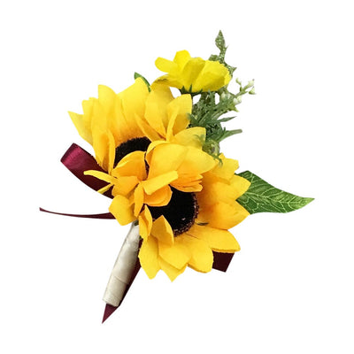 Boutonniere- Artificial Double Yellow Sunflower Boutonniere - Pick Ribbon Color - Angel Isabella