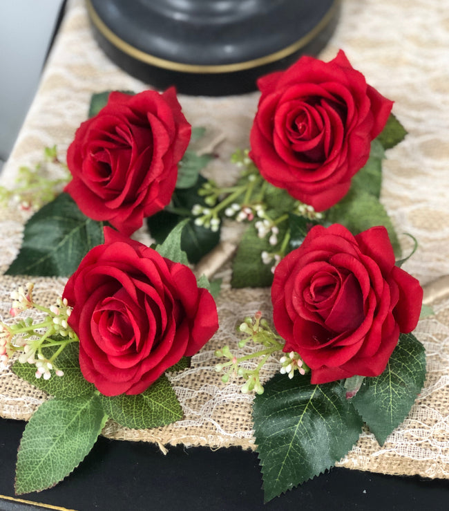 Real Touch life like premium quality real touch red rose boutonniere-your choice of ribbon color - Angel Isabella