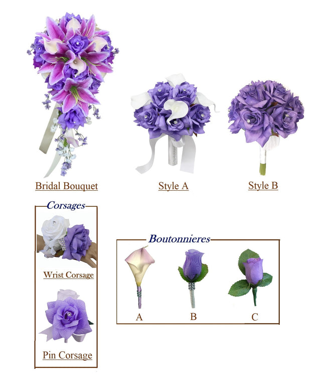 Lavender Purple Wedding Bouquet, Corsages, and Boutonnieres Beautiful Keepsake Artificial Flowers *Pick Your Products* - Angel Isabella