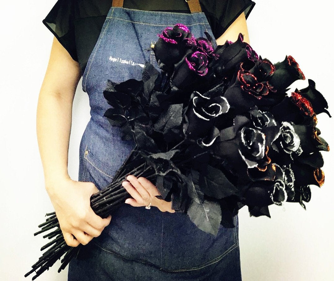 Pack of 20- Long stem black rose with glitter trim – Angel Isabella