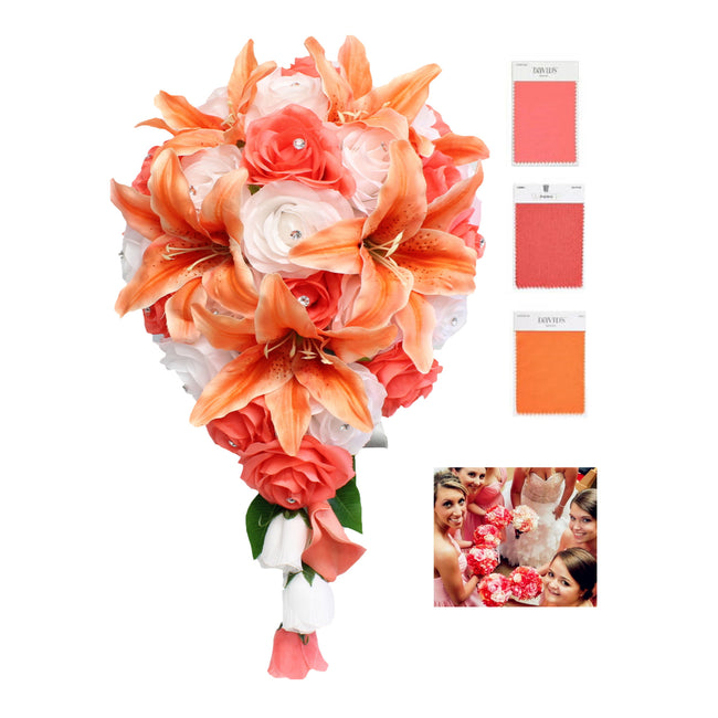 Cascade Bouquet-Large Long Shades of orange coral wedding bouquet - Angel Isabella