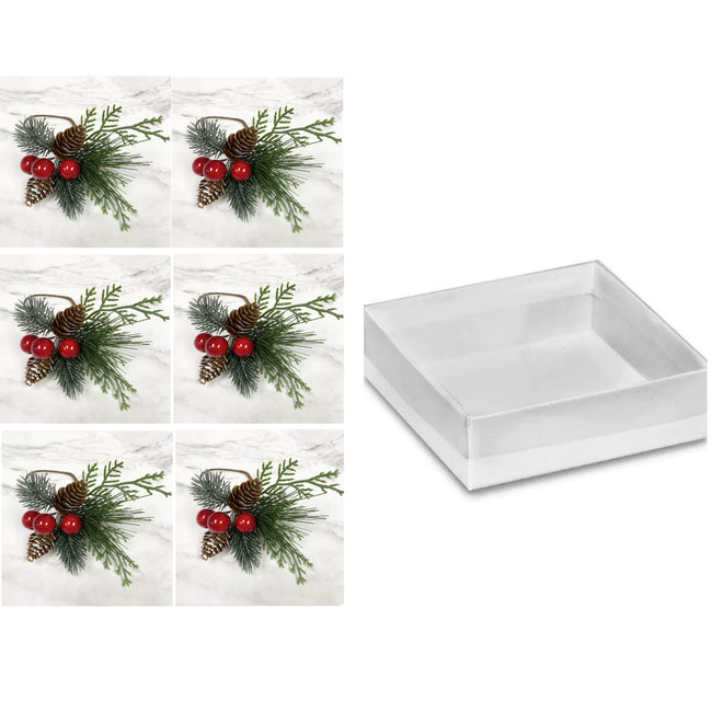 Pack of 6-Gift box packed Special Edition napkin ring live-like pine needle pine cone berries - Angel Isabella