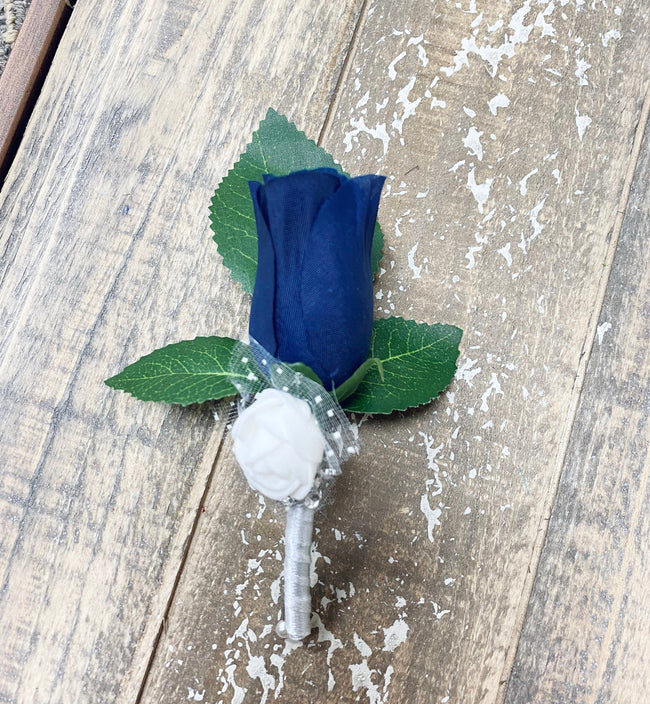 boutonniere-Navy blue white artificial rose prom wedding graduation dance event flower-Pin included - Angel Isabella