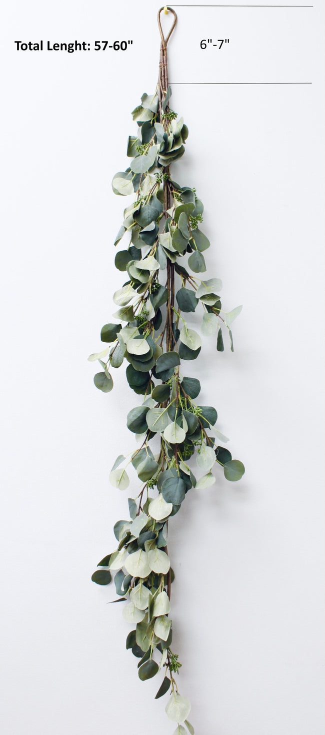 58 inch Long Quality Artificial lush green silver dollar seeded eucalyptus garland Table Centerpiece Arch Decoration - Angel Isabella