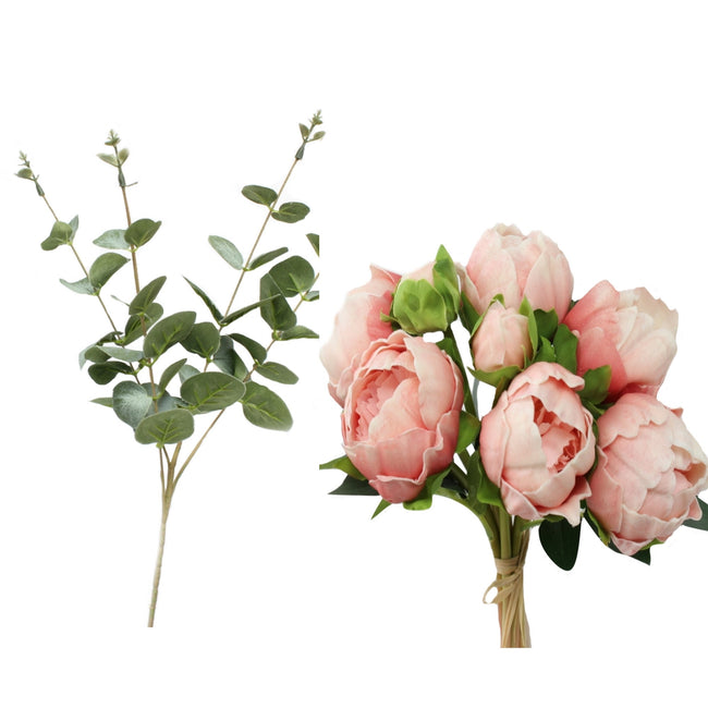 Real touch Peony with Eucalyptus-home floral decor