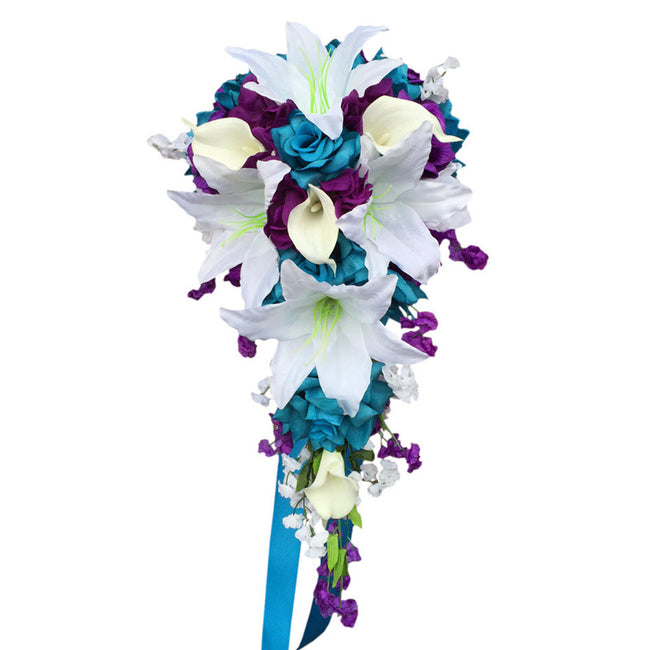 Cascade bouquet - Malibu Turquoise, White, and Purple Artificial Flowers - Angel Isabella